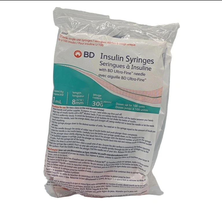 10 per Pack - 8mm, 30G, 1mL Insulin Syringes