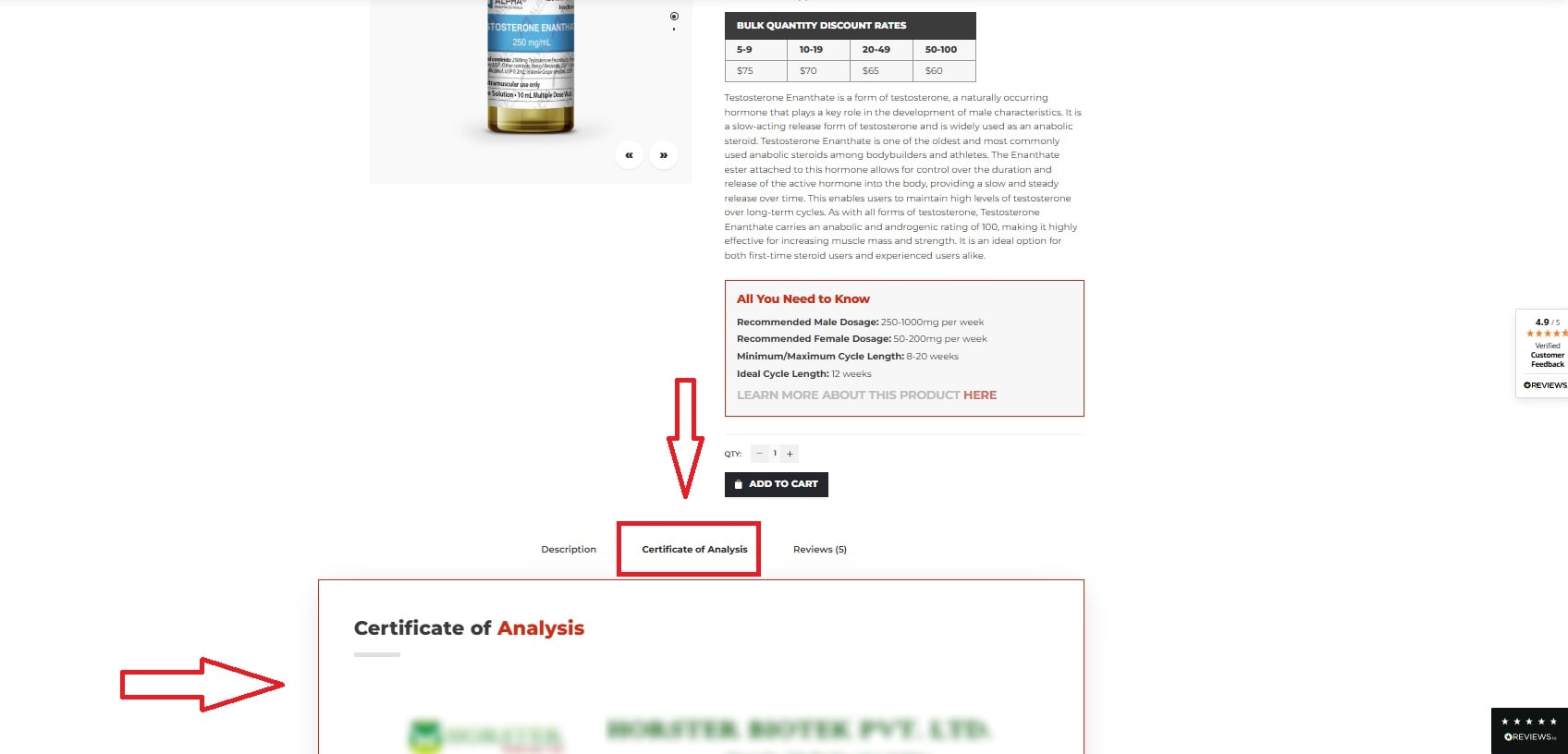 Screenshot showing where to locate the Certificate of Analysis tab on Alpha Pharm Canada's Testosterone Enanthate product page.