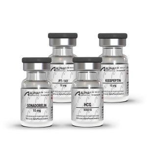 Testosterone & Fertility Stack research peptide vials by AlphaPharmCanada.is including Gonadorelin, PT-141, Kisspeptin, and HCG