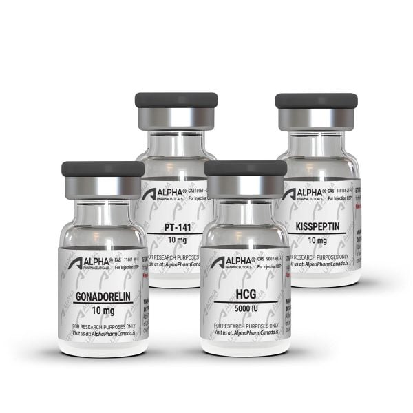 Testosterone & Fertility Stack research peptide vials by AlphaPharmCanada.is including Gonadorelin, PT-141, Kisspeptin, and HCG