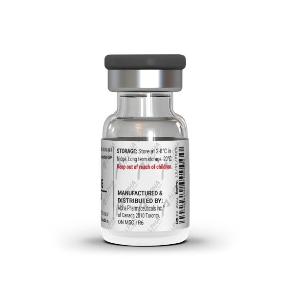 CJC-1295 DAC 5 mg vial back label showing storage instructions and manufacturer details by AlphaPharmCanada.is
