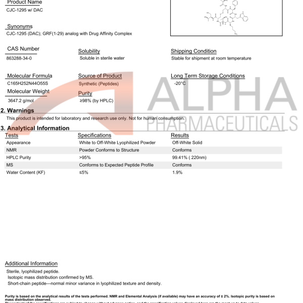 CJC-1295 with DAC certificate of analysis showing HPLC purity 99.41 percent third-party lab tested by AlphaPharmCanada.is