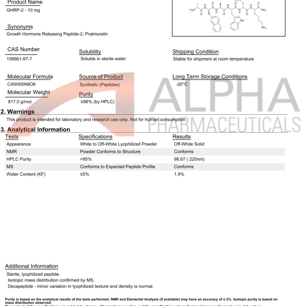 GHRP-2 Pralmorelin 10 mg certificate of analysis showing HPLC purity 98.67%, CAS 158861-67-7, molecular weight, and lab verification
