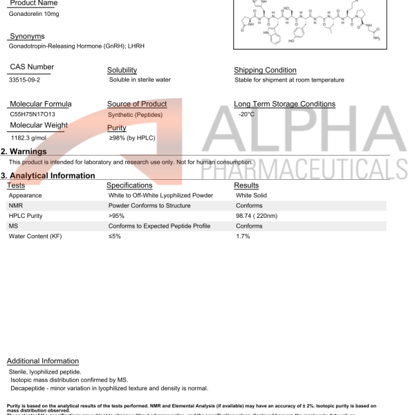 Gonadorelin 10 mg certificate of analysis showing HPLC purity 98.74%, molecular weight, CAS number, and lab verification