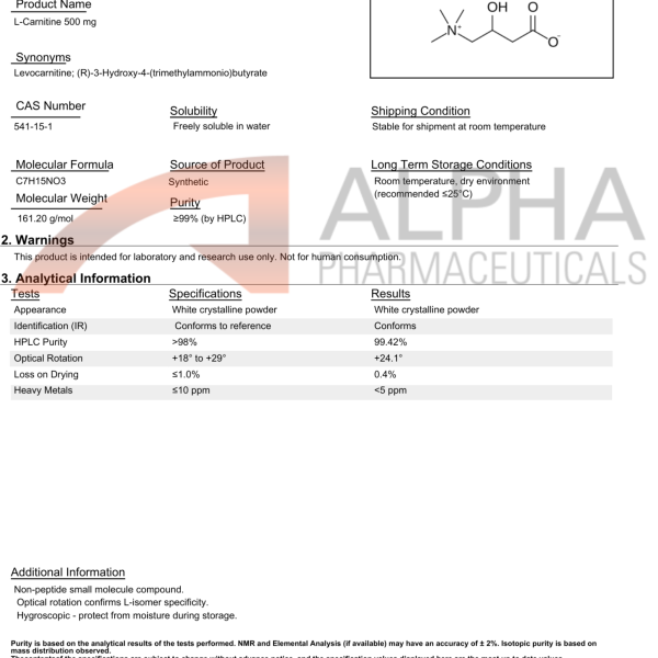 L-Carnitine 500 mg certificate of analysis showing 99.42% HPLC purity, CAS 541-15-1, optical rotation, and lab verification