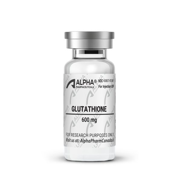 Glutathione 600 mg peptide vial front view by Alpha Pharm Canada.is