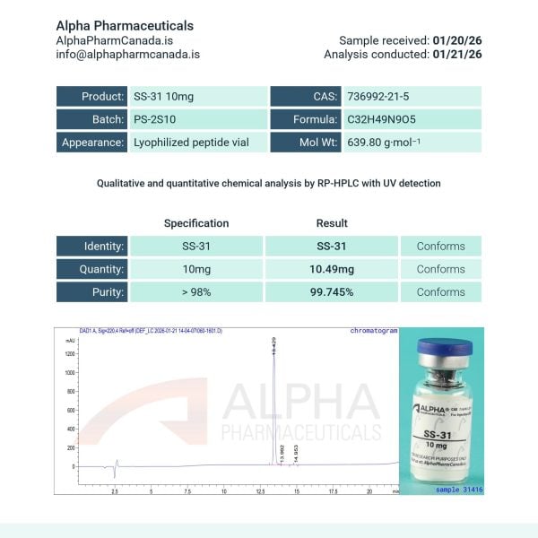 Certificate of Analysis for SS-31 10mg showing HPLC purity and batch verification by Chromate Labs