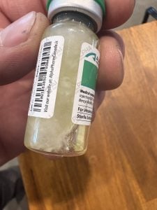 Steroid oil crystallization winter example showing crashed Equipoise in a vial