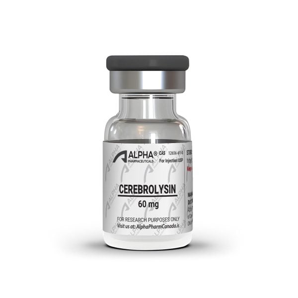 Cerebrolysin 60 mg injectable vial front label with Alpha Pharmaceuticals branding and research use designation