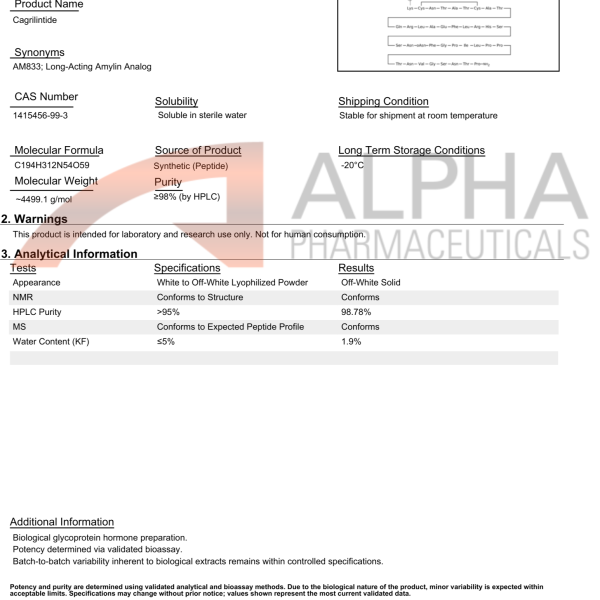 Cagrilintide 10 mg certificate of analysis showing HPLC purity 98.78%, CAS 1415456-99-3, molecular weight, and lab verification