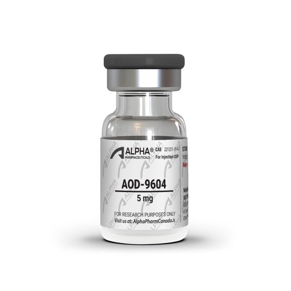 AOD-9604 5 mg injectable vial front label with Alpha Pharmaceuticals branding and research use designation
