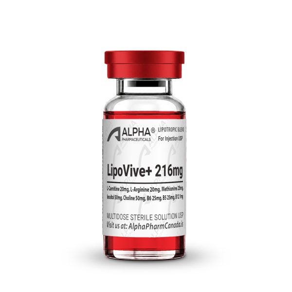 LipoVive+ 216 mg 10 mL injectable vial front label with Alpha Pharmaceuticals branding and research use designation
