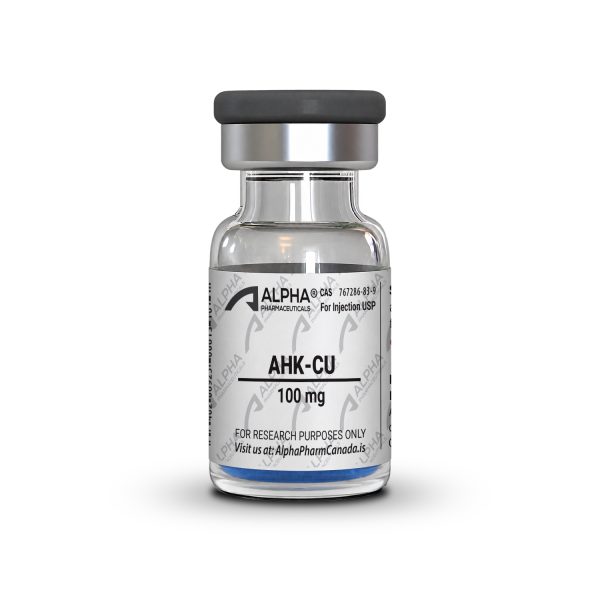 AHK-Cu 100 mg injectable vial front label with Alpha Pharmaceuticals branding and research use designation